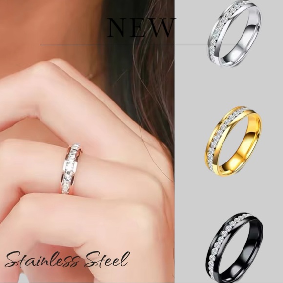 New Stainless Steel Unisex Engagement Ring Black or Gold Band CZ Row Inlay - Picture 5 of 9